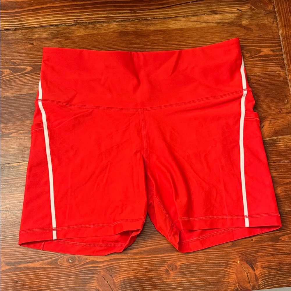 Athleta Red Bike Shorts with White Side Piping